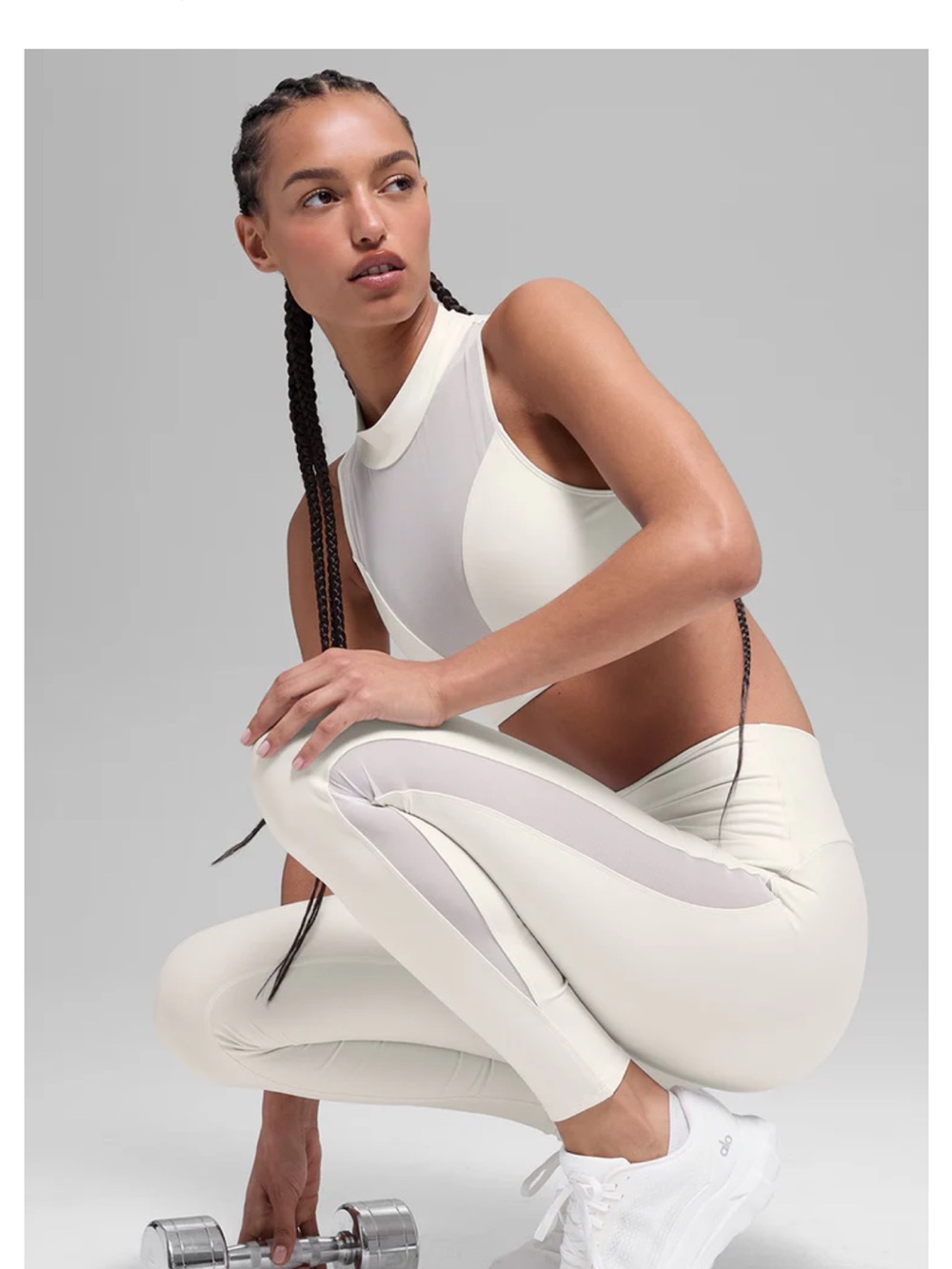 Alo High Neck Sports Bra and Leggings Mesh Set in Cream